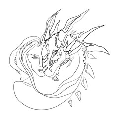 Woman face with dragon muzzle Line art drawing vector illustration.Magic, esoterics, occultism, fairy tale. Monochrome illustration Beautiful girl and dragon Abstract art.Print, poster, t-shirt, card.