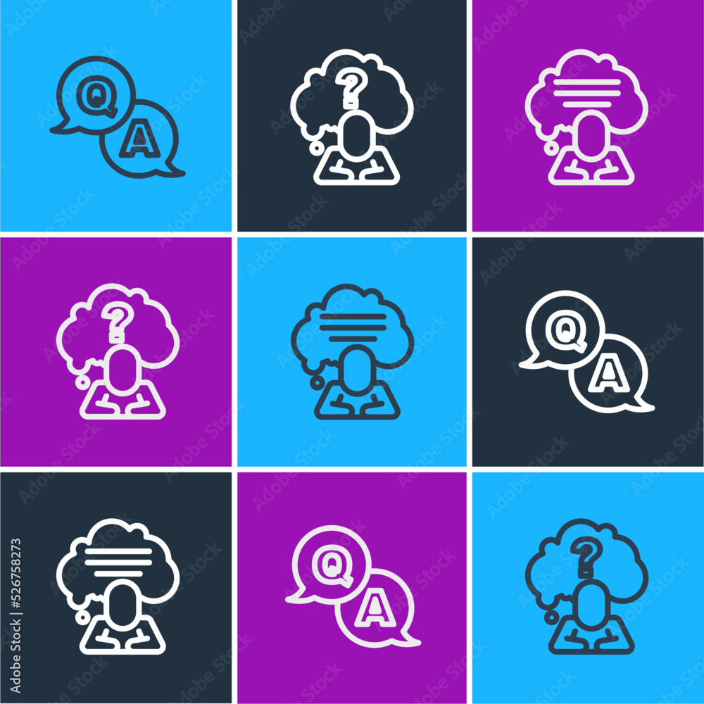 Poster Set line Question and Answer, Speech bubble chat and Head with question mark icon. Vector