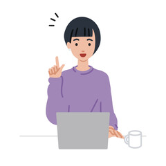 デスクで座ってPCを開いて何かひらめいたリモートワークの女性