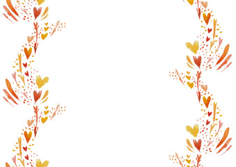Illustration of a background with heart shapes laid out, hand-drawn watercolor, pinkish