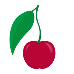 Red cherry with leaf. Color vector illustration in flat style. Isolated on white background.