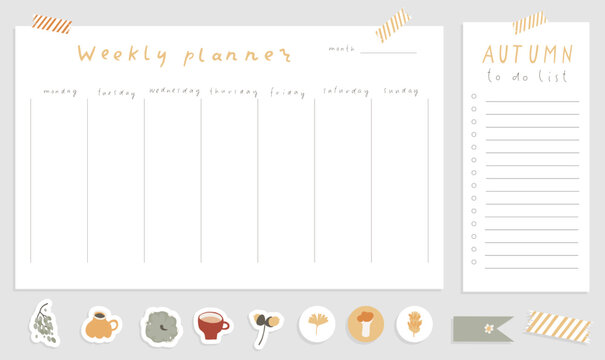 Cute Autumn and Fall Notebook design. Daily Planner Template. Organizer and Schedule with Notes and To Do List. Isolated. Trendy Concept Sticker set. Modern scheduler or organizer. Vector illustration