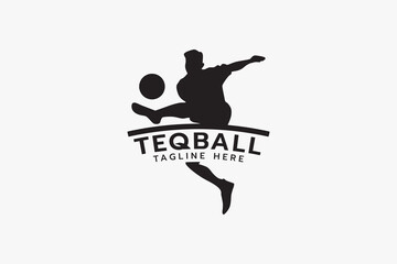 teqball logo with silhouette of person jumping in teqball game.