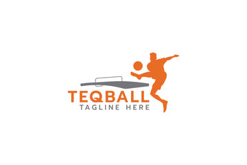 teqball logo with silhouette of person jumping in teqball game.