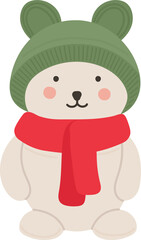 Cute New Year's bear in a green hat with a red scarf