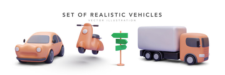 Set of 3d realistic vehicles with shadow isolated on white background. Vector illustration