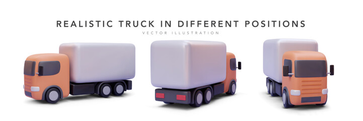 Set of 3d realistic delivery truck in different position with shadow isolated on white background. Vector illustration