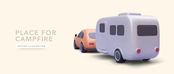 Concept banner for camping place with 3d realistic car and motorhome. vector illustration - obrazy, fototapety, plakaty