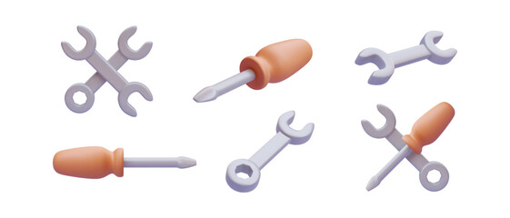 Set of 3d realistic repair keys and screwdriver isolated on white background. Vector illustration