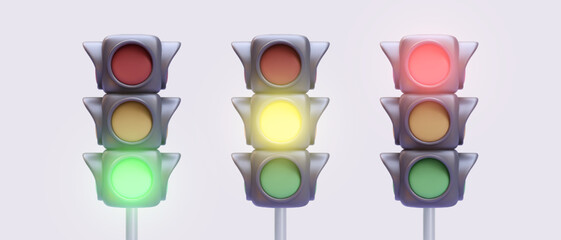 Set of 3d realistic traffic lights isolated on light background. Vector illustration - obrazy, fototapety, plakaty