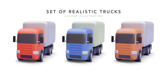 Set of 3d realistic colour trucks with shadow isolated on white background. Vector illustration