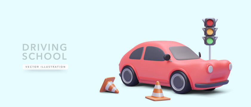 Concept banner for driving school with 3d realistic red car, road cones, traffic light. Vector illustration