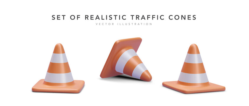 Set of 3d realistic traffic cones isolated on white background. Vector illustration