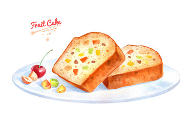 Watercolor illustration of Fruit Cake on plate