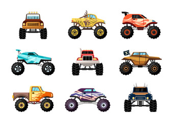 monster trucks. aggressive big sport cars extreme outdoor big wheels truck. Vector illustrations set isolated on white © alex_cardo