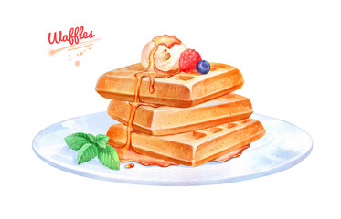 Watercolor illustration of Waffles dessert on plate