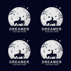 Silhouette of dreamer riding horse logo on the moon with tree