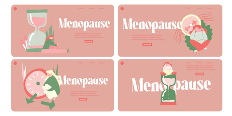 The female reproductive system. Broken Watch. Thoughts about pregnancy. The onset of menopause. Landing Page Template collection. Vector illustration on an isolated background.