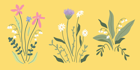 Collection of hand-drawn cute bouquets. Summer flowers illustration. Plants, leaves, lily of the valley. Design for your brand. Vector clipart on an isolated background. Template for postcard, poster.