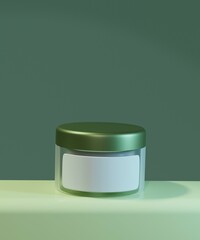 Cosmetic mock-up. Minimal abstract mockup background for product presentation. Cosmetic glass cream box on the podium on the background. 3D rendering.