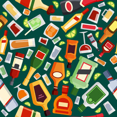 alcoholic bottles pattern. whisky cola prosecco vodka rum and other alcoholic drinks. Vector colored seamless background