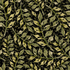 Watercolor leaves pattern, green branches, black background, seamless