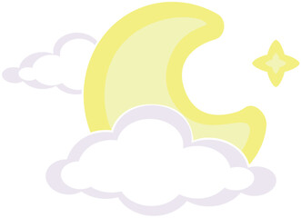 Moon and star in clouds, celestial body crescent - vector full color picture. Moon in the clouds and a four-pointed star