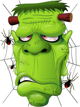 Frankenstein Ugly Monster Halloween Cartoon Character Monster Portrait with web and spiders illustration isolated element