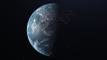 Realistic Earth in Space rotating and drifting away, stars in background. 3d illustration