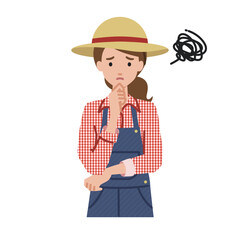 立って手をあごにあてて困っている農家の女性