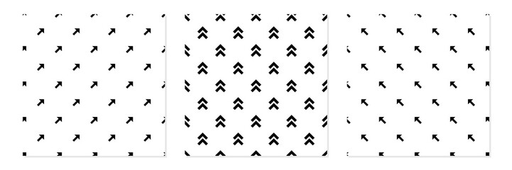 Set, collection of three vector seamless pattern backgrounds with black and white arrows.