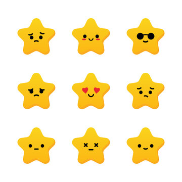 Set, collection, pack of star emoji, vector cartoon style icons of yellow stars characters with different facial expressions, happy, sad, loving, disappointed.