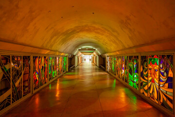 A colorful view of stained glass windows in a old tunnel inside the Ayu-Dag mountain on the way to...