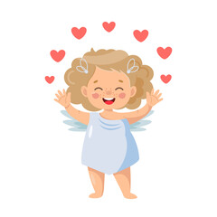 A pretty cupid girl juggles hearts. Vector illustration