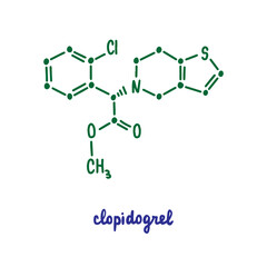 Clopidogrel hand drawn vector formula chemical structure lettering blue green