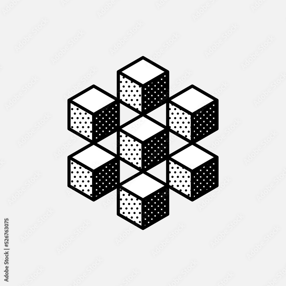 Wall mural impossible hexagon vector shape. retro 3d black and white logo with polka dot pattern on the sides.