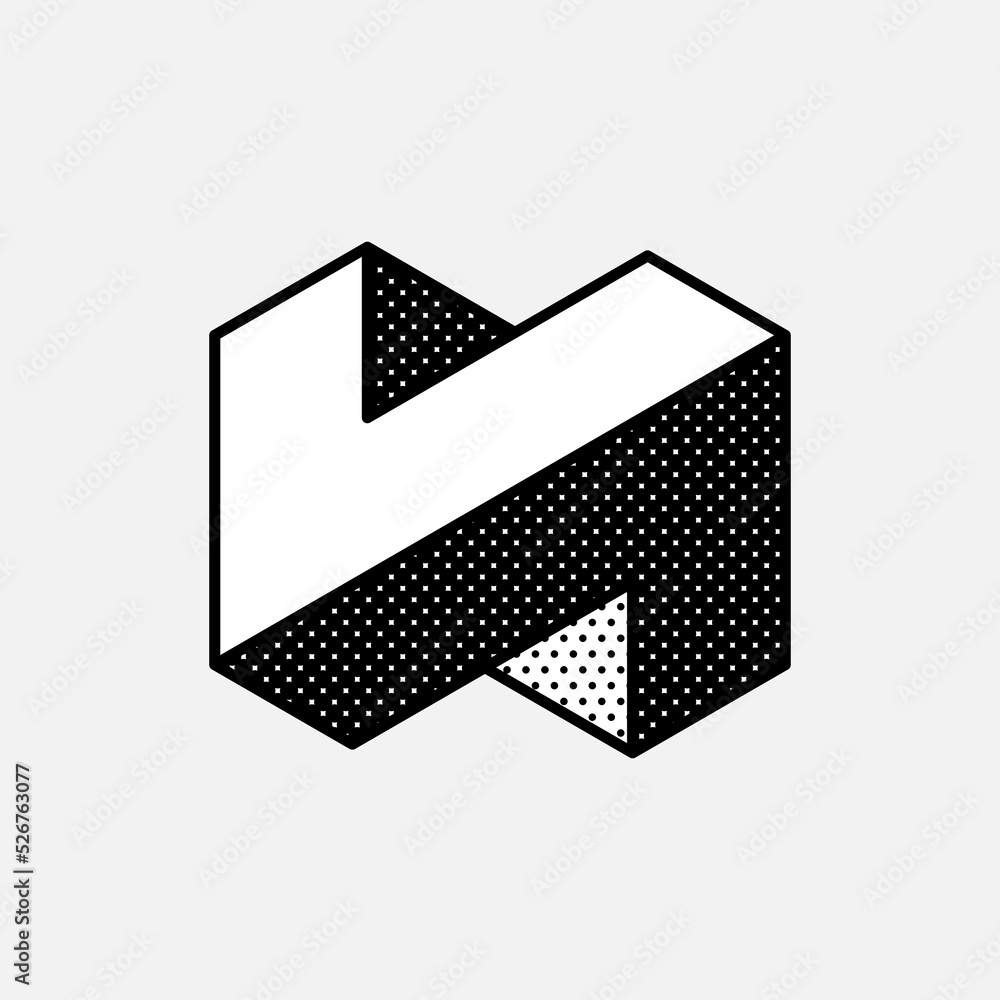 Wall mural impossible abstract vector shape. retro 3d black and white logo with polka dot pattern on the sides.