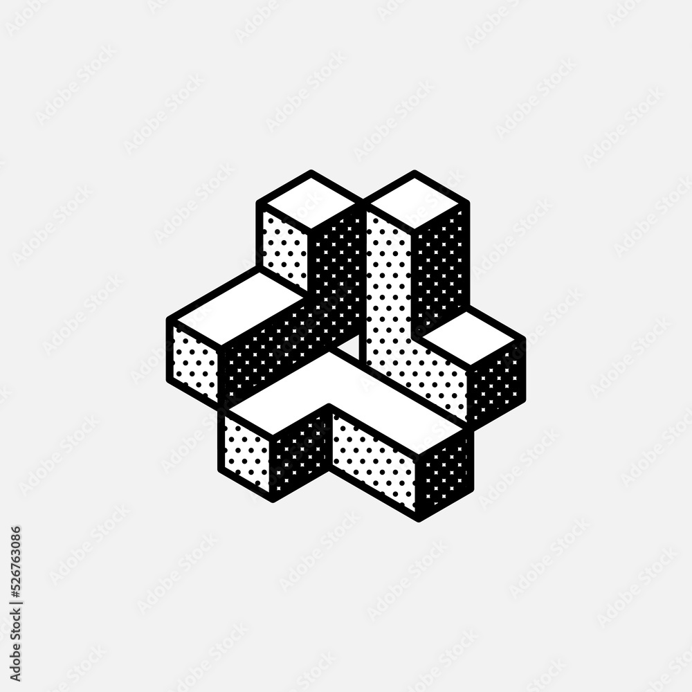 Wall mural impossible triangle vector shape. retro 3d black and white logo with polka dot pattern on the sides.