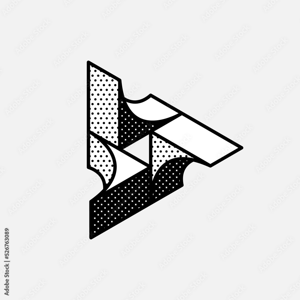 Wall mural impossible triangle vector shape. retro 3d black and white logo with polka dot pattern on the sides.