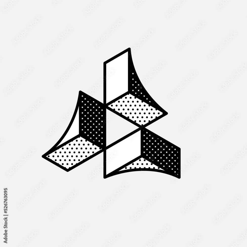 Wall mural impossible triangle vector shape. retro 3d black and white logo with polka dot pattern on the sides.