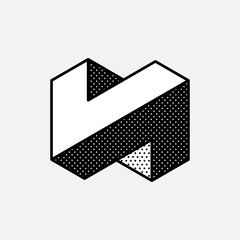 Impossible abstract vector shape. Retro 3d black and white logo with polka dot pattern on the sides.