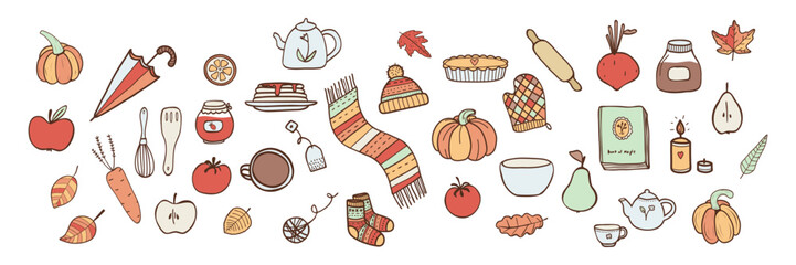 Vector set of hand drawn autumn things, food, vegetables and kitchen items in doodle style. For packaging design, decorative stickers, greeting card, banner, labels, icon for page website, badges.