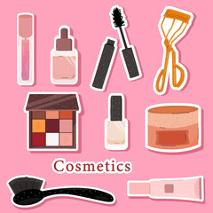 Beautiful illustrations of decorative cosmetics. Vector stickers.