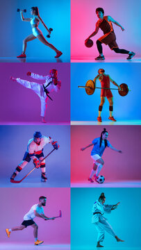 Hockey, floorball, basketball, fitness and weightlifting. Vertical set of images of different professional athletes isolated on multicolor background in neon.