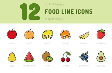 Food line outline icons set, fruits and berries, healthy food. Colorful, regular stroke. Isolated on white background. Vector illustration