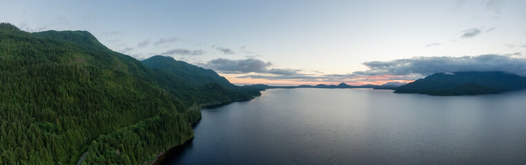 Aerial Panoramic View of Kennedy Lake. Near Ucluelet and Tofino, Vancouver Island, BC, Canada. Nature Background. - obrazy, fototapety, plakaty