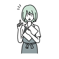 デスクで座ってPCを開いて何かひらめいた店員の女性