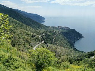 Cinque Terre National Park. Trekking the hiking trail above the Cinque Terre, Italian Riviera. Liguria, Near Cornigla. Italy