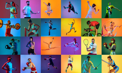 Sport collage of professional athletes on gradient multicolored neoned background. Concept of motion, action, active lifestyle, achievements