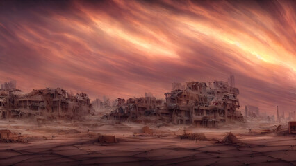 Sandstorm in the city, fantasy landscape, unreal world. 3D illustration